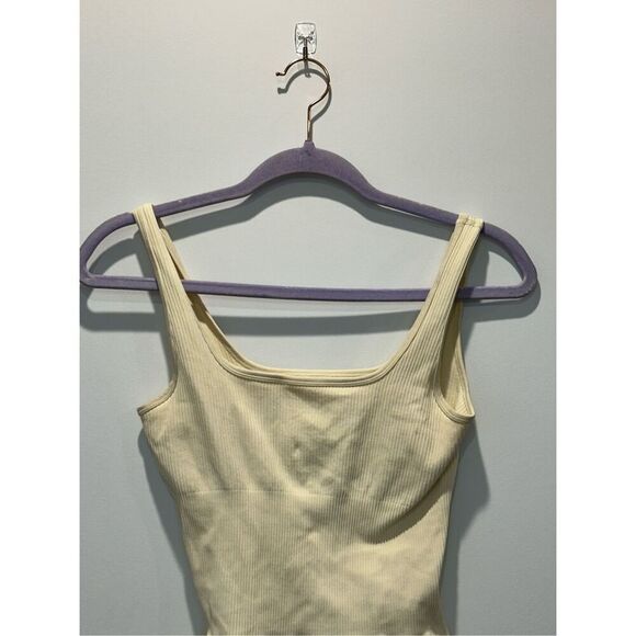 OQQ Light Yellow Ribbed Square Neck Bodysuit Size Small - Picture 2 of 8